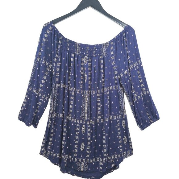 Maurices Navy Blue Tan Aztec Print Off Shoulder Slinky Relaxed Fit Tunic Top - Picture 1 of 6